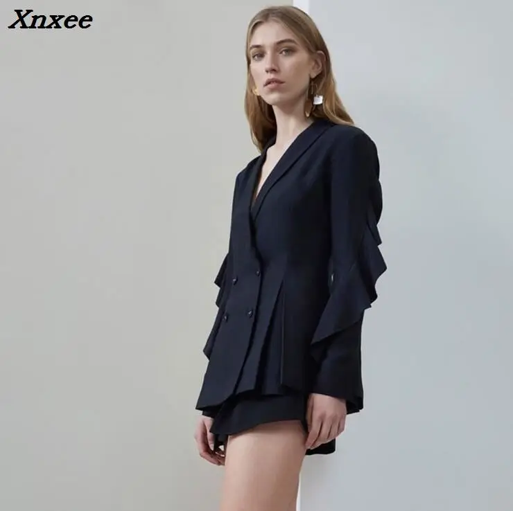 Kadın blazer resmi çift düğme katı ruffles uzun kollu kadın ceket ceket kadın takım elbise blazer feminino ofis blazers