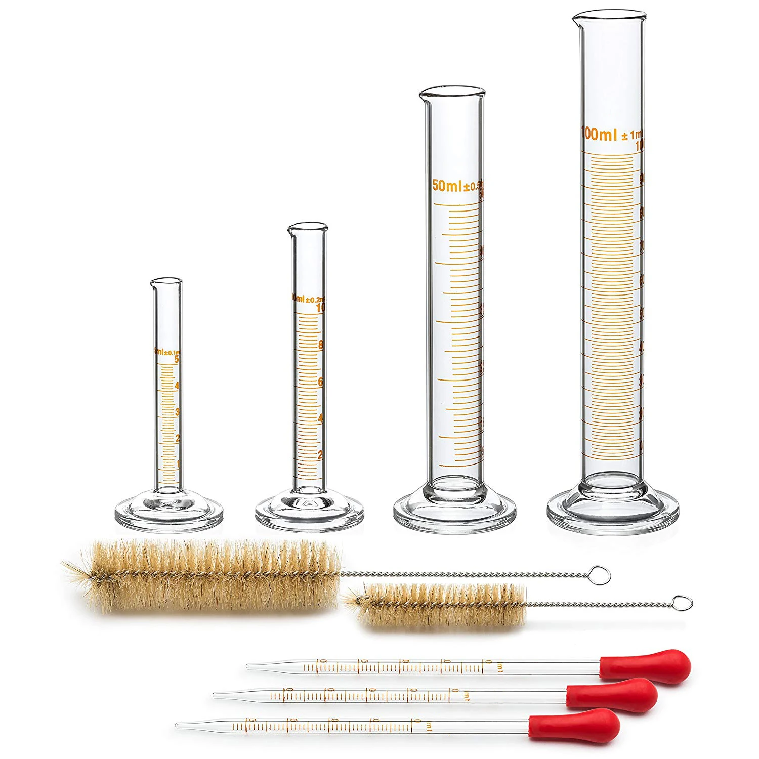 cilindro de medicao5ml 10ml 50ml 100ml vidro premium contem escovas de limpeza mais 3x1ml pipetas de vidro novo4 01