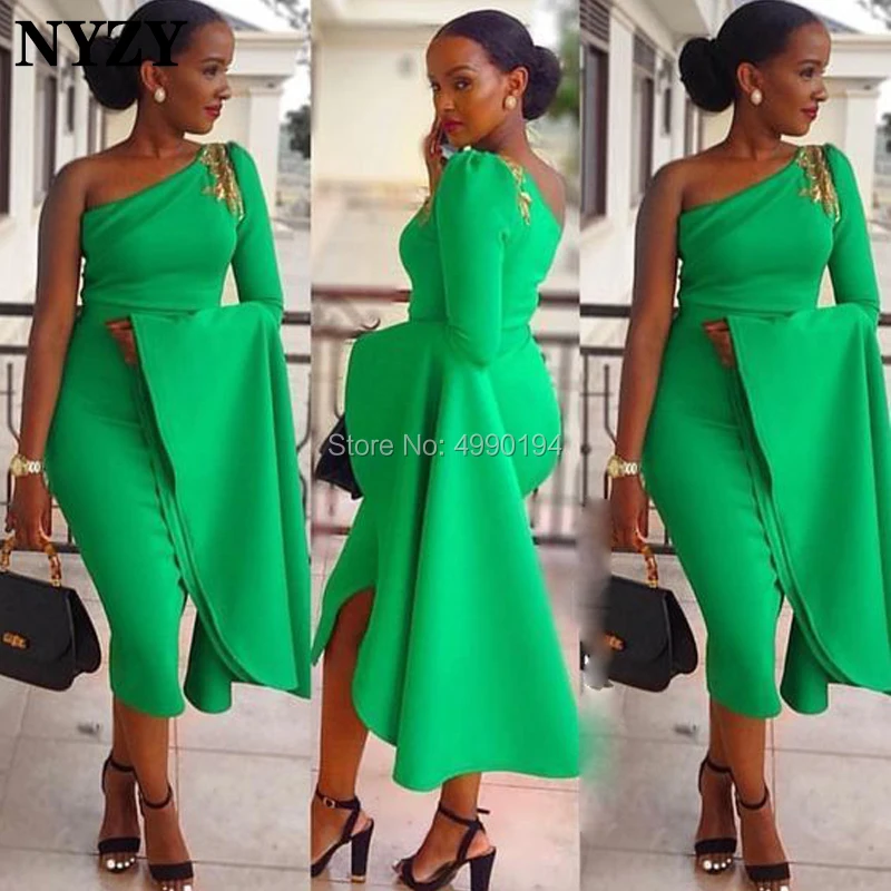 

NYZY C98 Elegant Grass Green Satin One Long Sleeve Evening Dress Short Tea Length Robe Cocktail Dress Party vestido coctel 2019