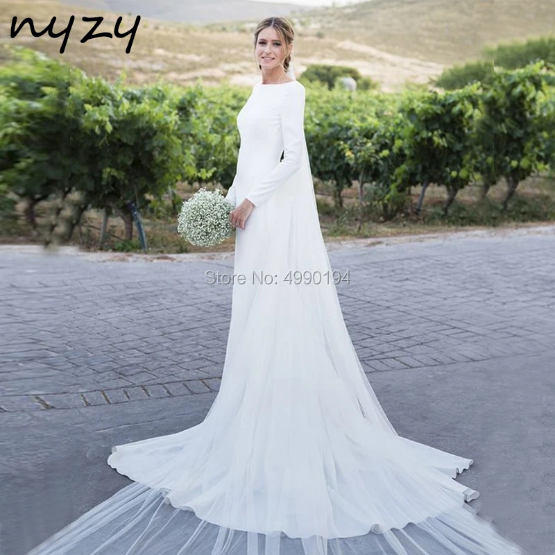 

NYZY W9 Elegant Backless Boat Neck Satin Simple Long Sleeve Mermaid Wedding Dresses Boho 2019 vestido de novia robe de mariee