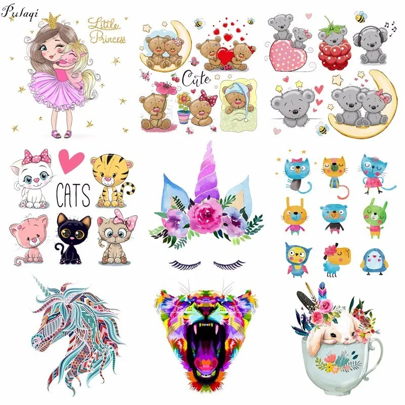 Pulaqi Cute Unicorn Patches Iron On Transfers Cute Bear Animal Heat Thermal Transfer For Women Kid Clothes DIY Decoration F