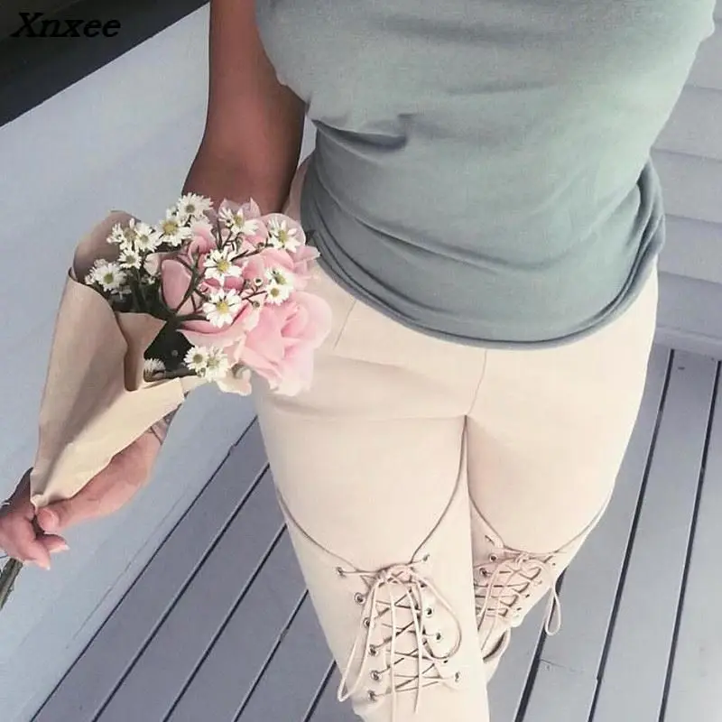 Lace up suede leggings women bandage pants women autumn winter legging sexy slim long trousers ladies pencil pants Xnxee