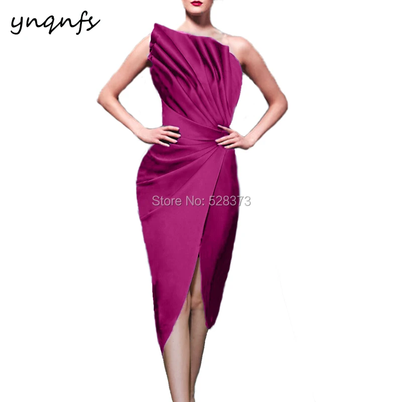 YNQNFS M154 Satin Pleat Elegant High Slit Tea Length Robe Cocktail Fuchsia Party Gown Wedding Guest Wear 2024