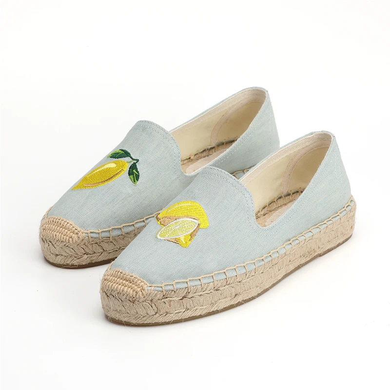 DZYM  Summer Autumn British Canvas Espadrilles Women Fisherman Shoes Lemon Embroidery Knitting Loafers Sewing Zapatos Mujer