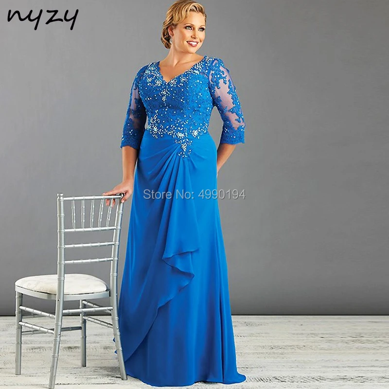 

NYZY M30 Royal Blue Chiffon Mother of the Bride Groom Dresses Plus Size V Neck Lace 3/4 Sleeves Wedding Party Evening Gown