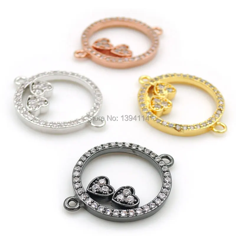 

21*17*2mm Micro Pave Clear CZ Round Connector With 2 Hearts Fit For Women As DIY Bracelets Accessory