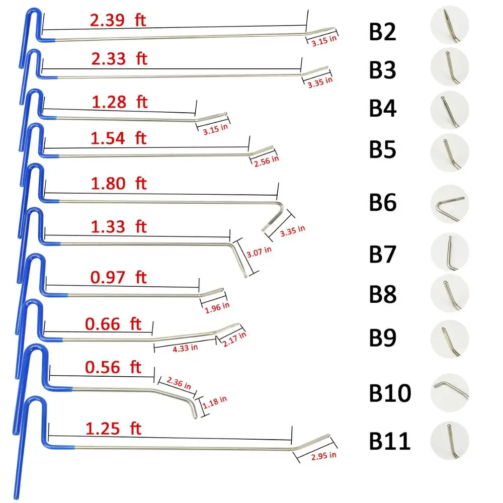 10pcs Paintless Dent Repair Tools Push Rods Spring Steel Car Body Hail Removal Set