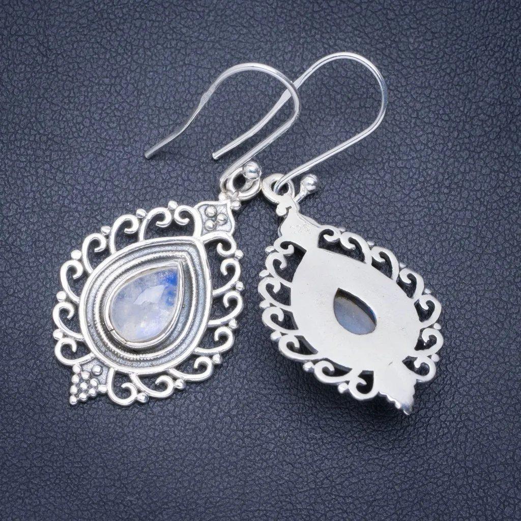 

Natural Rainbow Moonstone Handmade Unique 925 Sterling Silver Earrings 1.75" A0855