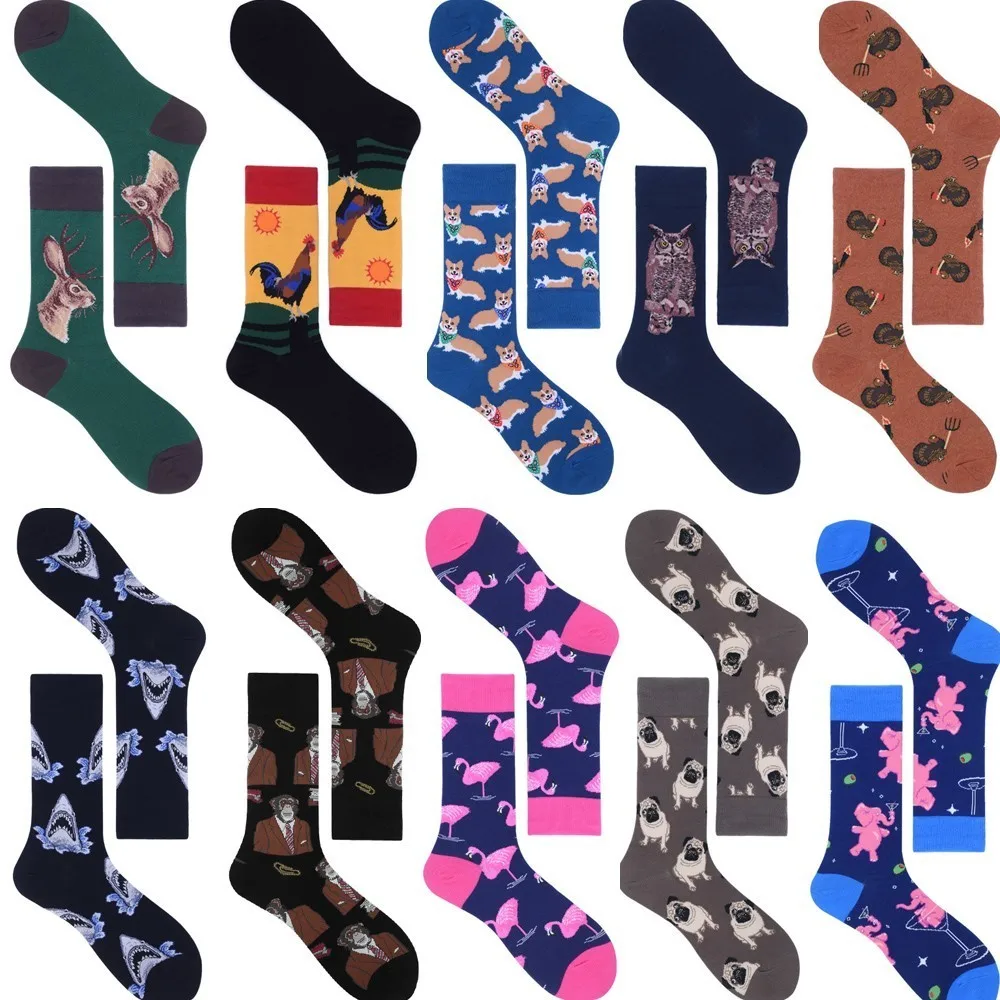 MLAE-Chaussettes drôles d'animaux de dessin animé pour hommes, chaussettes HAPPY Canister, chat, poisson, chien, requin, Harajuku, Hip Hop, Van Gogh, Ventilation