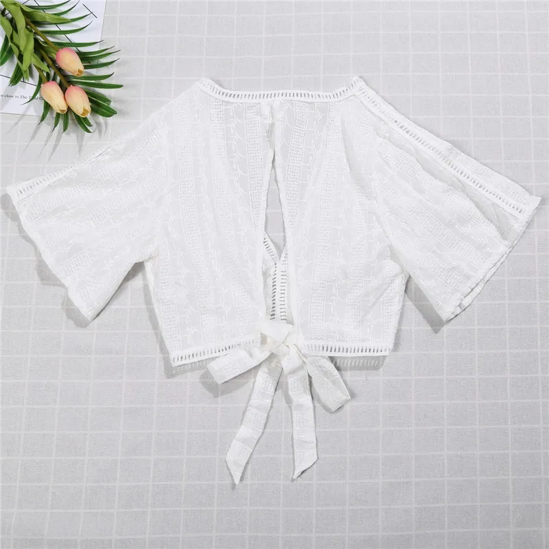 Women Lace Crop Tops T Shirts Fashion Ladies Short Sleeve Lace Lacing Up Bandage Loose Tees Ladies Shirt Summer Casual Chiffon