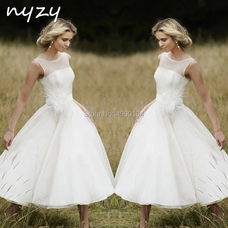 

NYZY W2 Simple Wedding Dress 2019 Tea Length Strapless Organza Handmade Flowers Feather robe de mariee vestido de novia