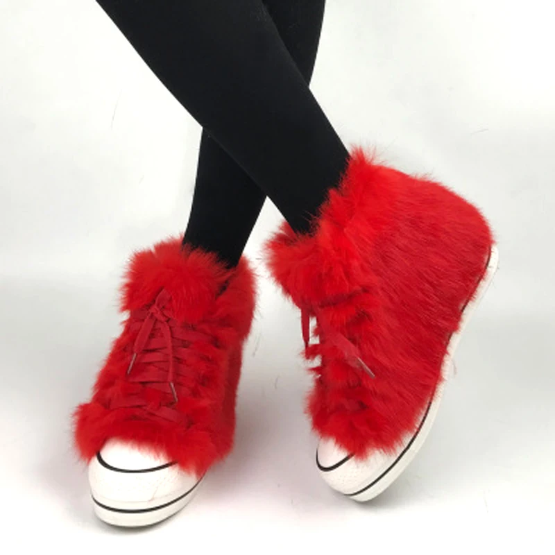 Sport Style Real Rabit Fur Lace Up Snow Boots Height Increasing Winter Plush Inside Ankle Boots Zapatos High Top Warm Fur Boots