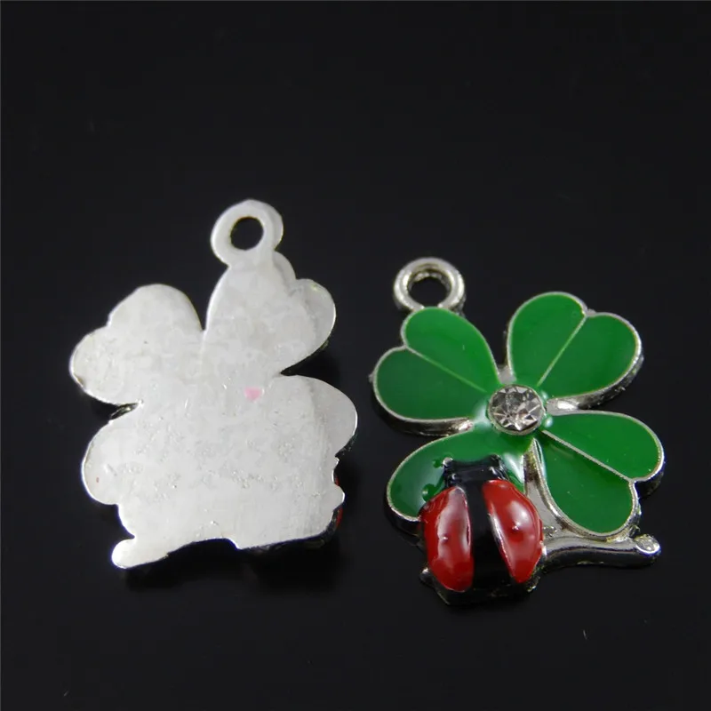 10PCS Lovely Clover Ladybug Enamel Alloy Pendant Charms Bracelet Earrings Jewelry Making Finding 18*16*3mm AU37058