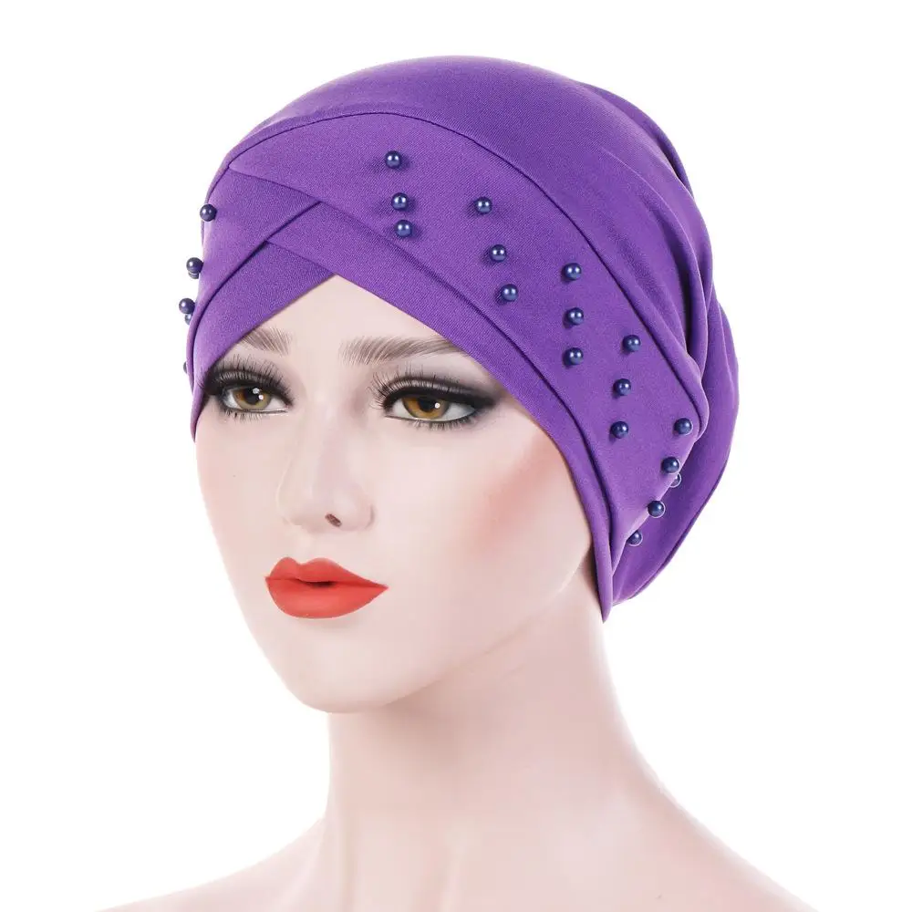 1PC New Women Elastic Turban Hat Muslim Hijab Islamic Beads Cancer Chemo Cap Ladies Hijab Stretch Head Wrap Head Scarf Hair Loss