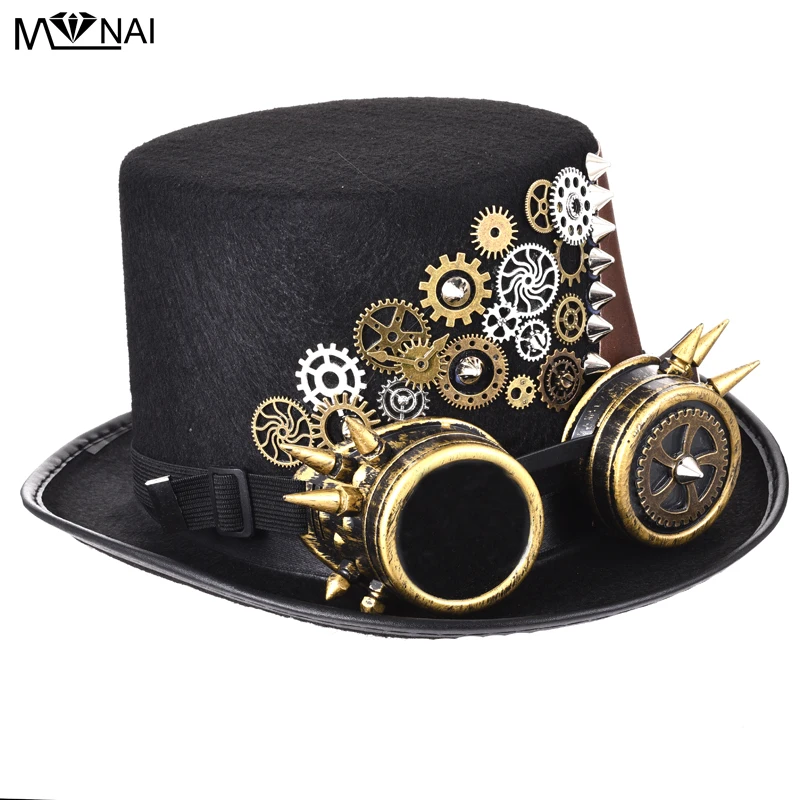 Drop Shipping Vintage Punk Black Fedora Gothic Gears Studs Leather Top Hat With Googles Steampunk Party Festival Hats Cosplay