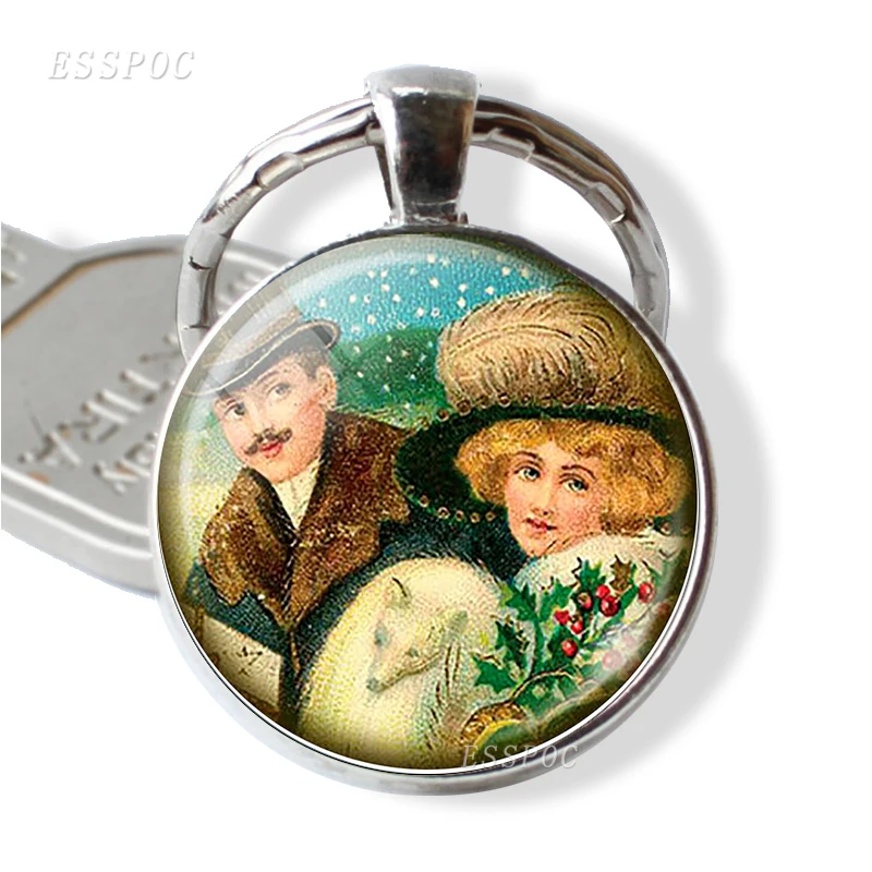 Vintage Victorian Christmas Postcard Kids Elk Keychain Glass Cabochon Dome Jewelry New Year Pendant Key Chain Reindeer Gifts