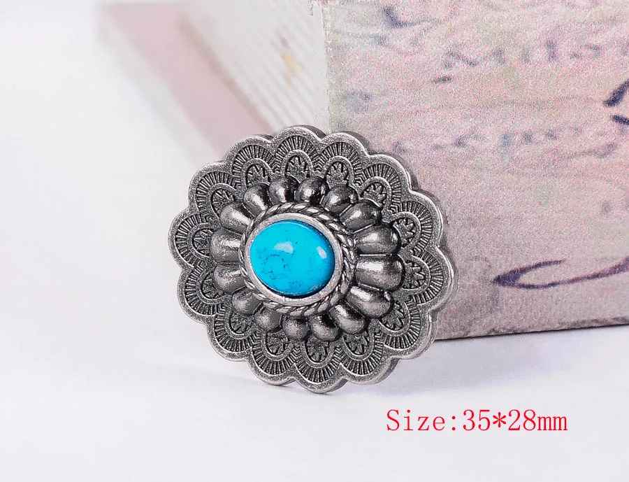 10PC 35*28MM Antique Silver Turquoise Floral Leathercraft Button Horse Saddles Decoration Rivets