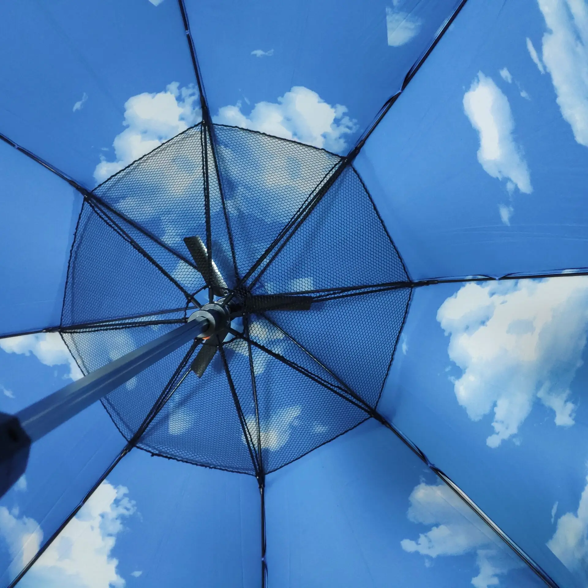 Ahloyalty Sunscreen Blue Sky and White Clouds Long-handle Umbrella With Fan and Spray