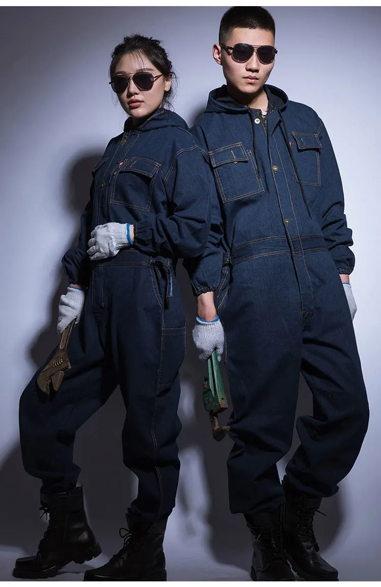 Plus size for 6XL Winter Men Denim Working Overalls Male Work Wear Uniforms Clothes Hooded Jumpsuits For Worker Repairman 101303