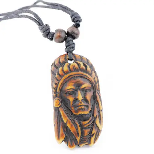 Hand Carved Imitation Yak Bone Carved Tribal Head Indian Chief Pendant Necklace Wood Beads Rope Adjustable Jewelry