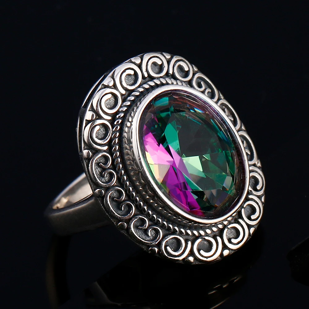 Pierścionek Glamour 10x14MM Tajemniczy Kolorowy Turmalin Damski Srebro S925 Biżuteria Pierścionek Retro Rocznica Impreza Damski — zdjęcie 4