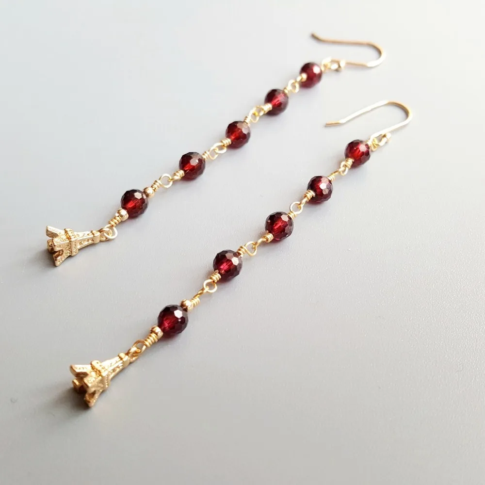 Lii Ji Real Garnet Beads Iron Tower Earrings 925 Sterling Silver Handmade Long Drop Earrings Delicate Jewelry For Women Gift