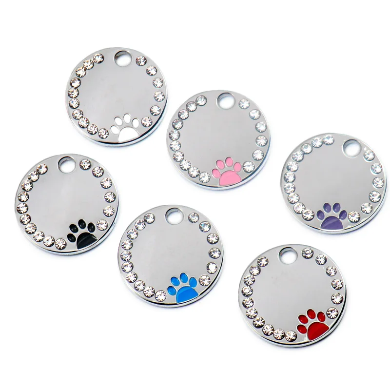 Wholesale 100Pcs Rhinestone Cute Circle Paw Engraved ID Dog Tag  Alloy Pet Shop For Animal Plate Personalized