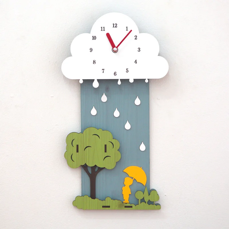 

Mute Kids Carton Type Wall Clocks for Living Room Clouds Rainy Day Watches Home Decor Wall Watched Sticker