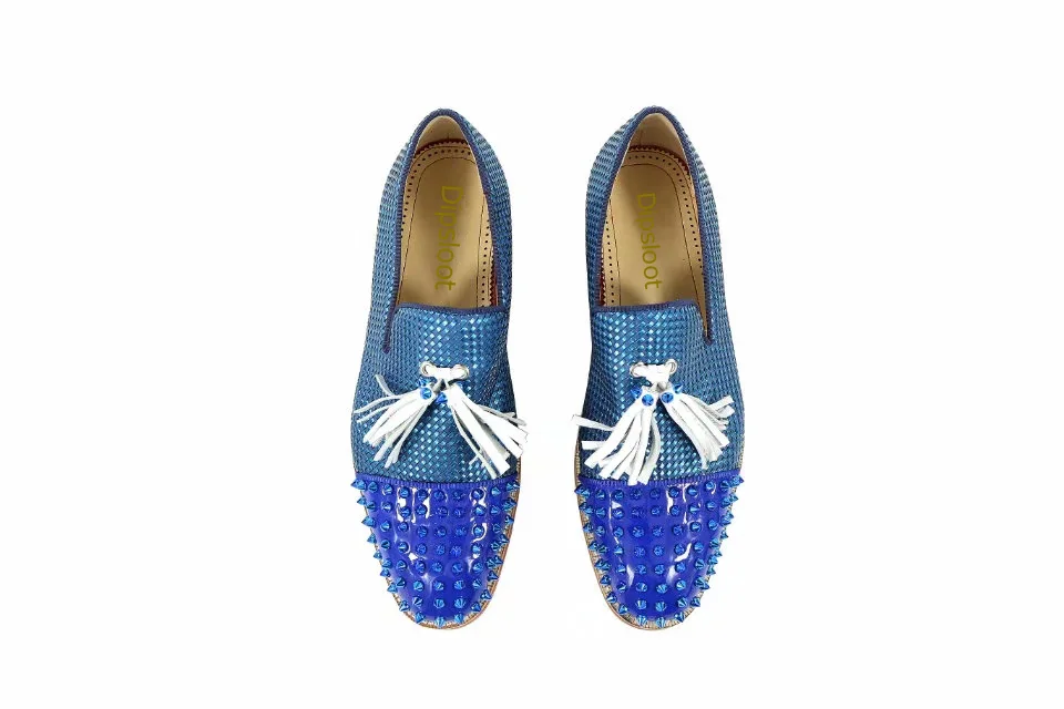 Blue Metal Rivets Studs Loafers Embossed Leather Patched Men Casual Shoes Tassel Spiked Platform Sole Low Top Male Slip on Shoe