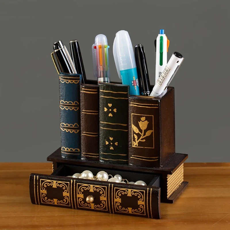 Multifunction Retro Wooden Pen Holder Book Shape Wood Craft Home Decor Pencil Desktop Storage Box Drawers Stationery Hold