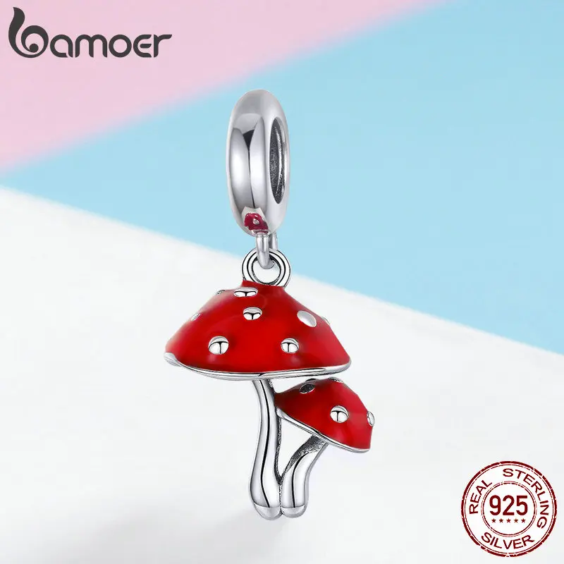 BAMOER New Collection 925 Sterling Silver Mushroom Red Enamel Pendant Charms Fit Bracelets & Necklaces Silver Jewelry SCC1060