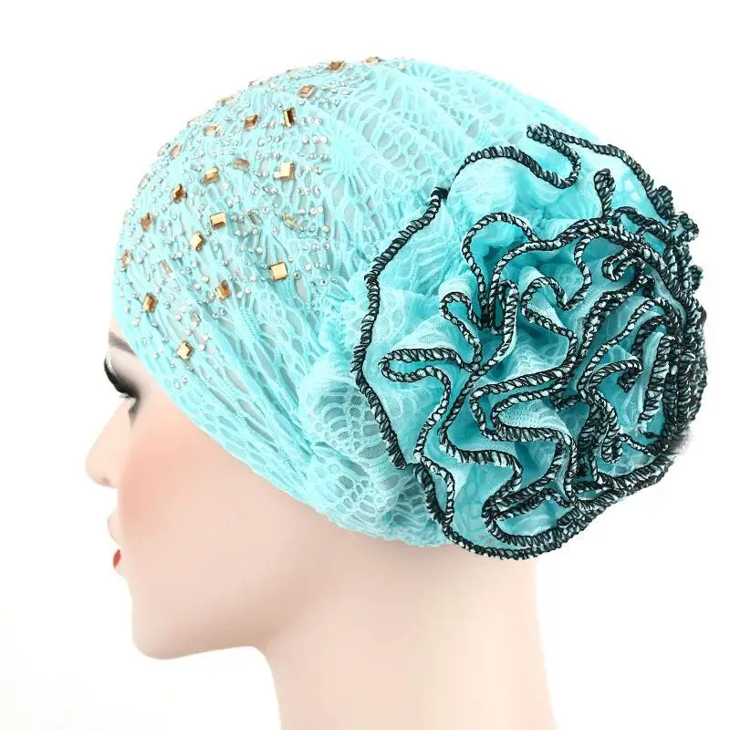 Ladies Elastic Hat Hair Loss Hot Drilling Caps Muslim Turban Chemo Cancer Cap Islamic Bonnet Arab Wrap Cover Rhinestone Flower