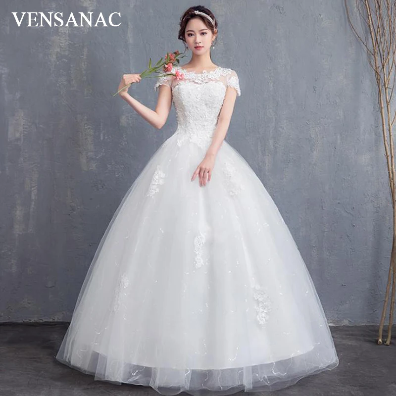 VENSANAC Illusion Sequined O Neck Lace Appliques Ball Gown Wedding Dresses Short Cap Sleeve Backless Bridal Gowns