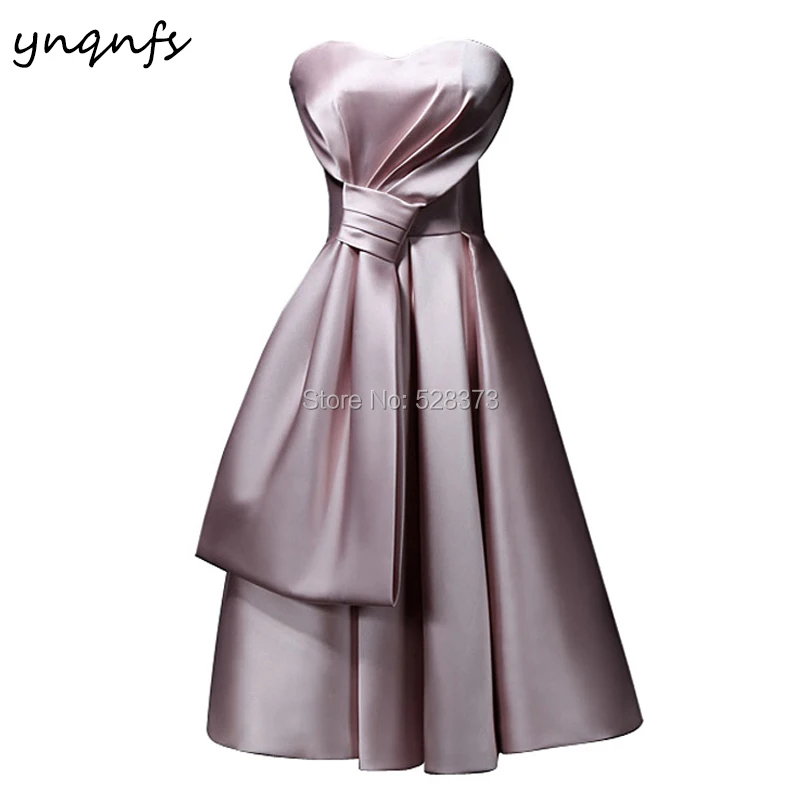 

YNQNFS B23 Big Bow Pink Satin Knee Length Robe 2019 Bridesmaid Dresses Party Guest Wear