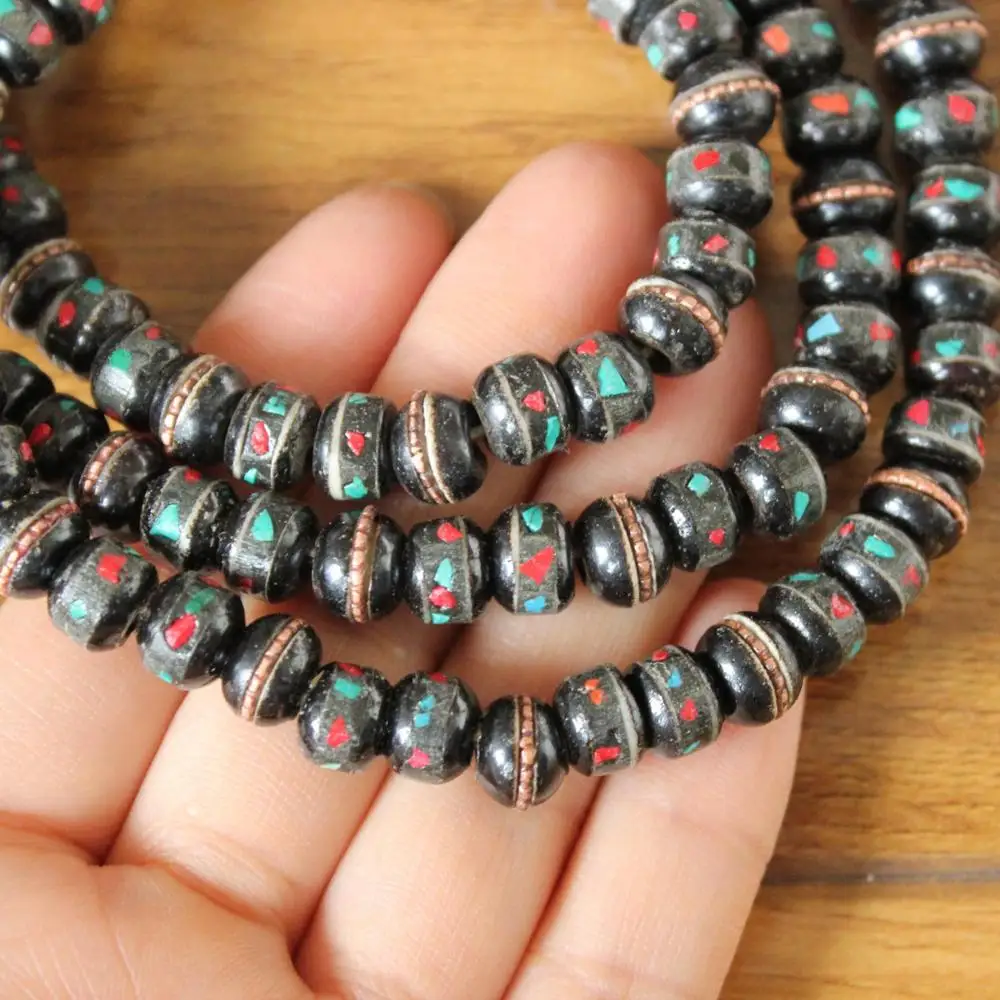 ML177 Vintage Tibetan Black Yak Bone 108 Prayer Beads Necklace Mala 8mm 10mm Bone Inlaid Colorful Stone Buddhist Men Bracelet