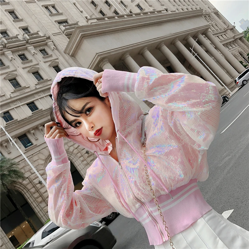 Harajuku Hooded Jacket Women Short Jacket Loose BF Style Coat Outwear Glitter Thin Windbreaker Streetwear Hip Hop Korean Clothes