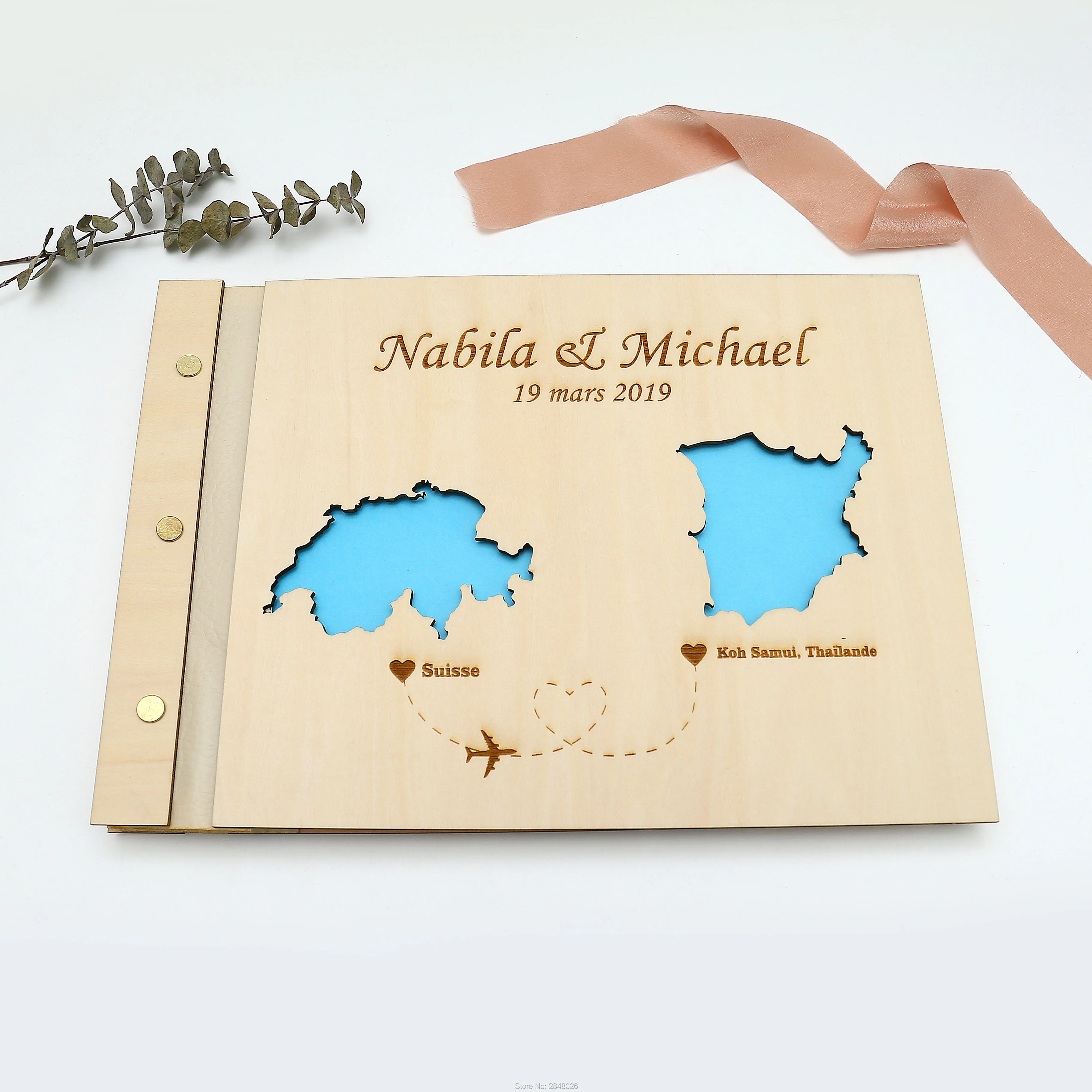 

Rustic engraved wedding guestbook,Custom wooden Wedding Map guest book, personalized long destination in album