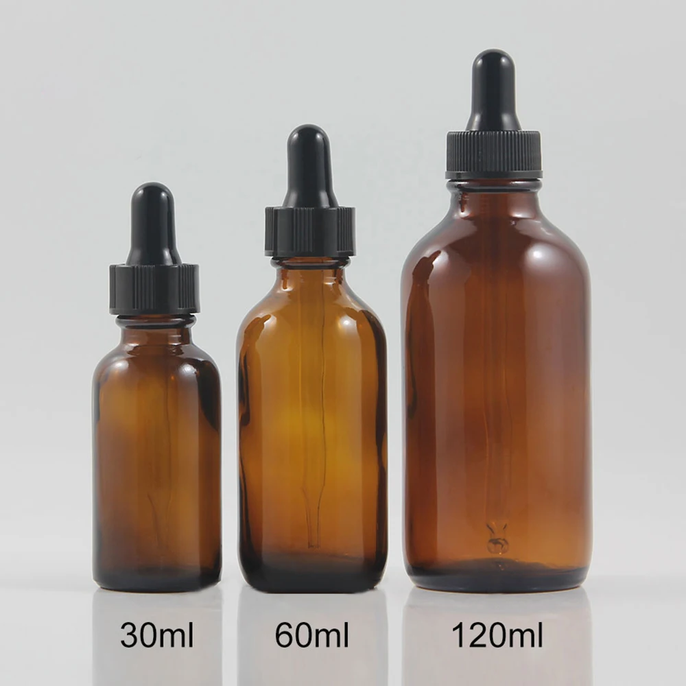 

New design amber boston round glass bottle 30ml with plastic black dropper bottle 30ml essential oil