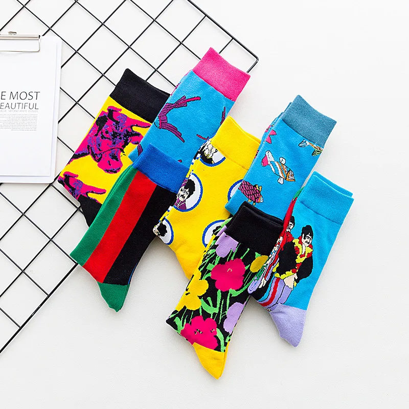 PEONFLY Fashion Combed Cotton Men Socks Colorful Comic Pattern Casual Happy Socks Funny Harajuku Novelty Calcetines Hombre