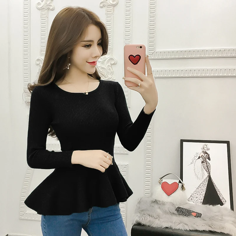 2019 Basic Pullovers Sweaters Hot Women Ruffled Long Sleeve Slim Bodysuit Top Gray Green Black Red Peplum Top Knit Sweater J303