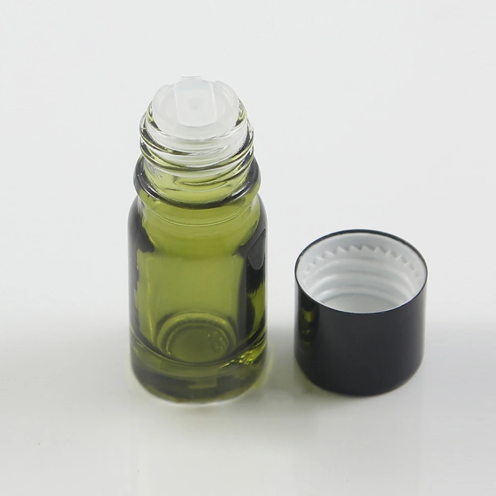 

Hot sell mini travel 5ml essential oil glass bottle with stopper anf black aluminum screw lid cosmetic refillable bottle