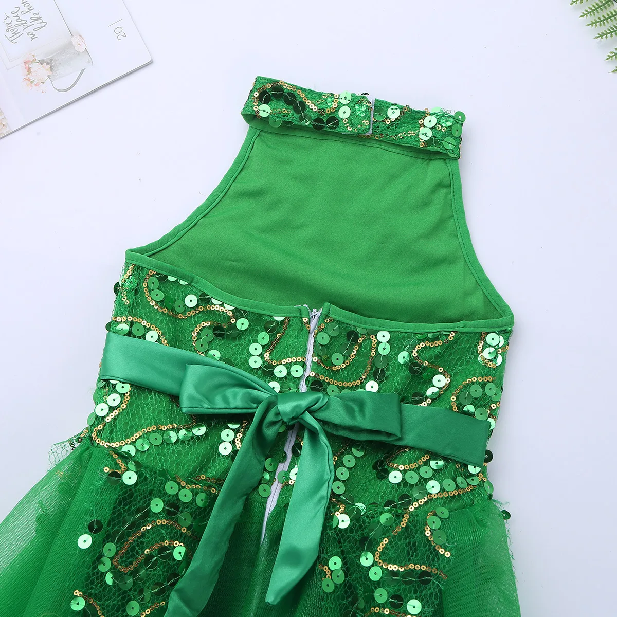 Sequins Ballet Tutu Dress Kids Girls Green Halter Jazz Dance Costume Outfits Shiny Tulle Sleeveless Stage Dancing Leotards