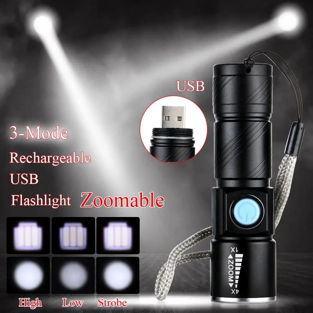 enjoydeal 1PC Q5 1000 Lm LED USB Rechargeable Flashlight Zoomable Adjustable Focus Flashlight Torch for camping outdoor Light