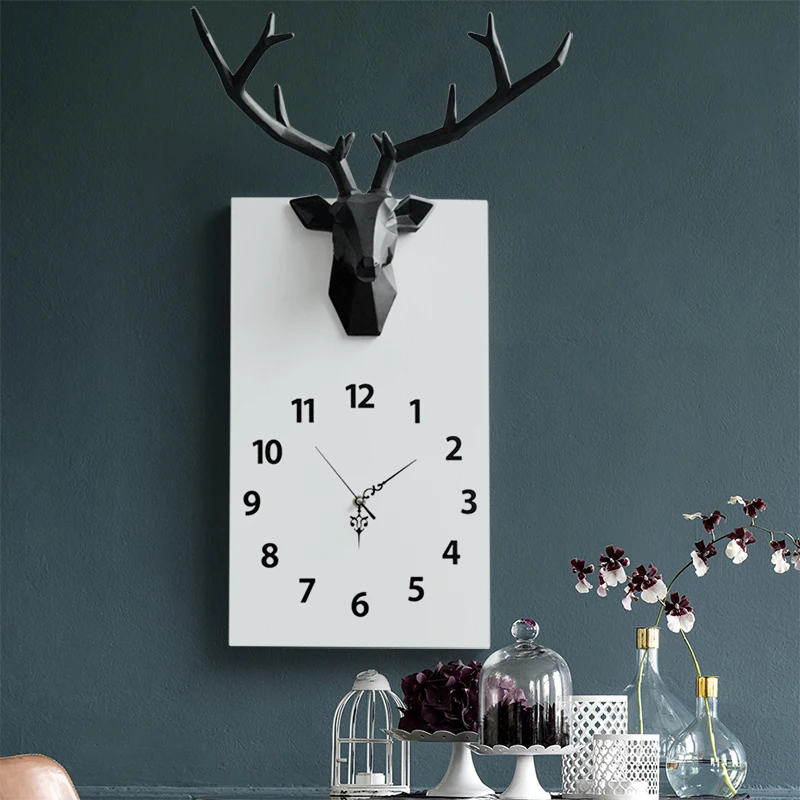 Modern Design Single Face Wall Clock For Home Decor Office Resin Deer Head Craft Wood Dial Silent Hanging Clock Wall Decoration