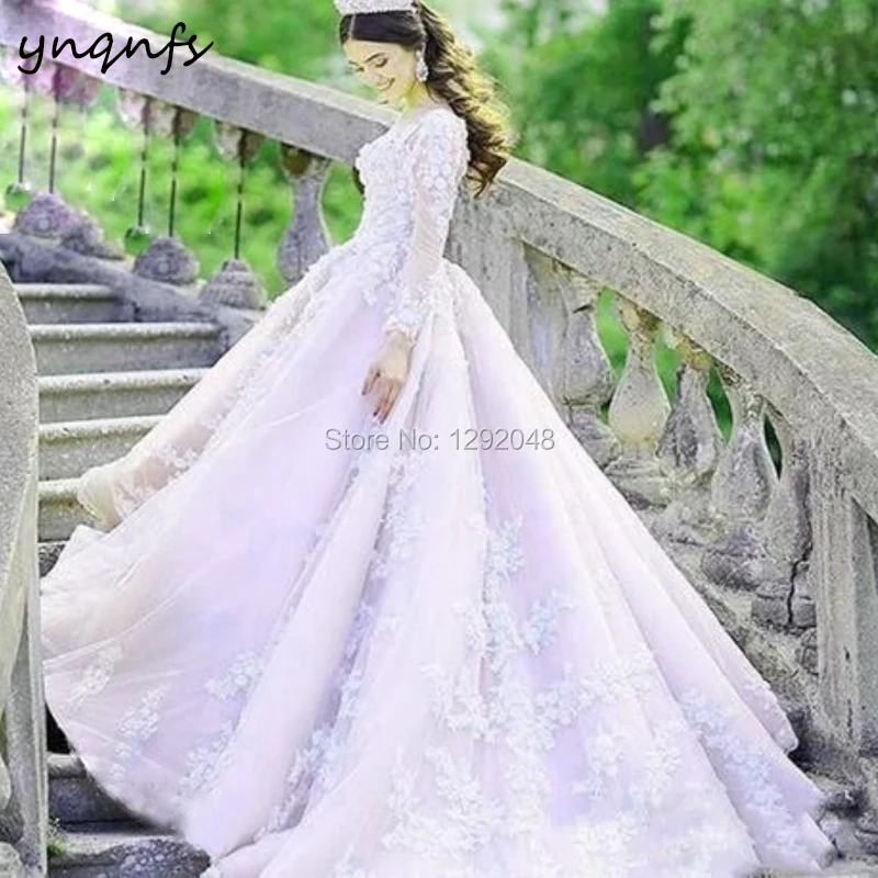 YNQNFS MW37 Luxury Robe de Mariee Ball Gown Illusion Long Sleeve Crystal White and Pink 2024 Muslim Wedding Bridesmaid Dresses