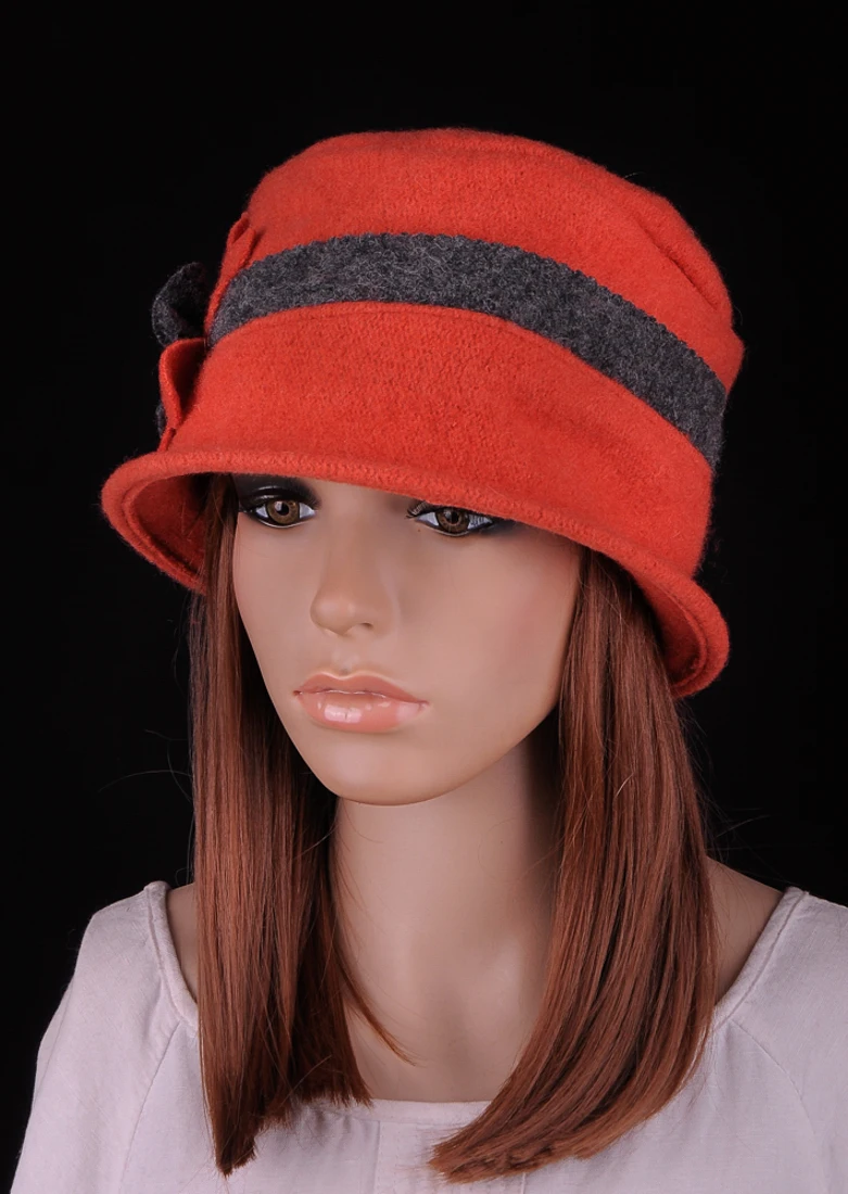 Women\'s Vintage Orange Wool Floral Beanie Embellishment Rosette Cloche Bucket Hat Winter Cap