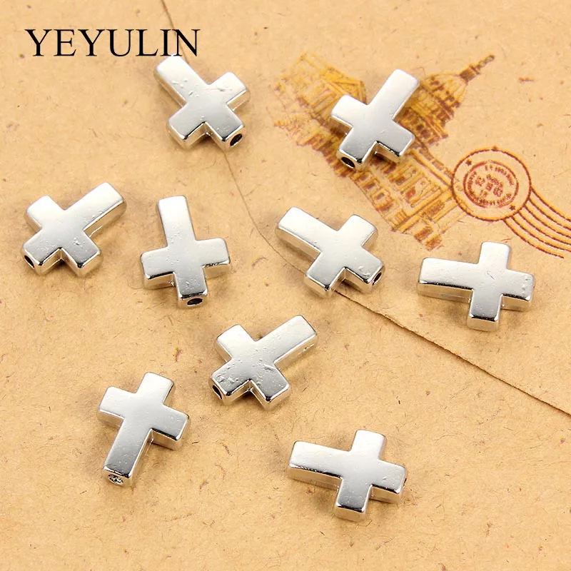 10Pcs Smooth Silver Color Zinc Alloy Religion Cross Beads For Women Men DIY Bracelet Necklace Jewelry Findings 13*1mm