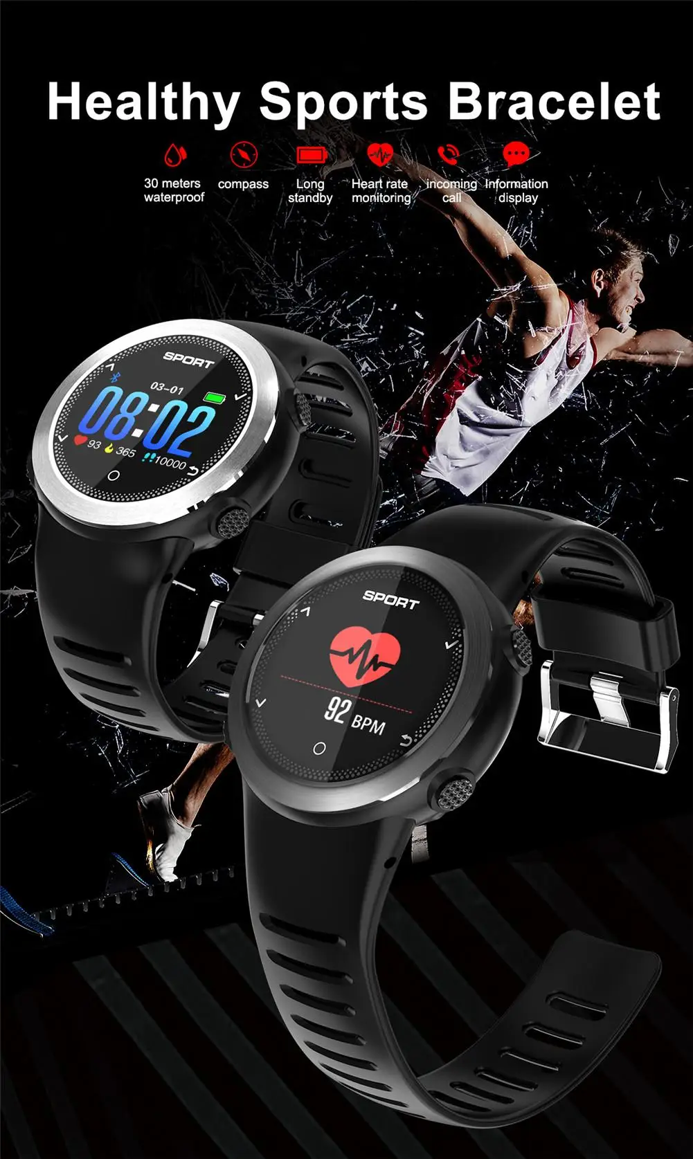 Running Sports Watch Bluetooth-Compatible Smart Watch Sleep Heart Rate Monitor SMS Calls Reminder Compass for IOS Android