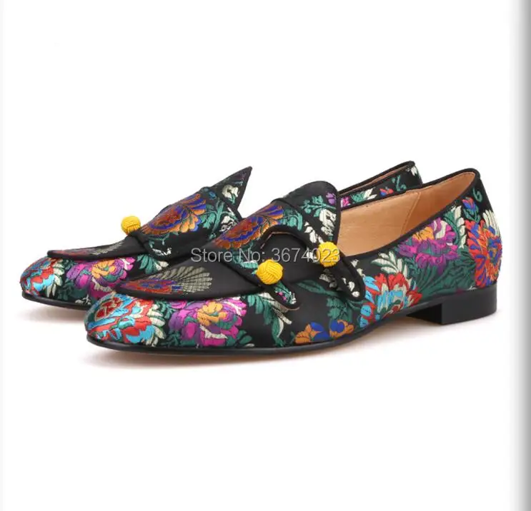 Qianruiti Fashion Shoes Men Floral Embroidered Double-Monk Loafers Mixed Color Jacquard Silk Flats Shoes Casual Shoe Yellow Red