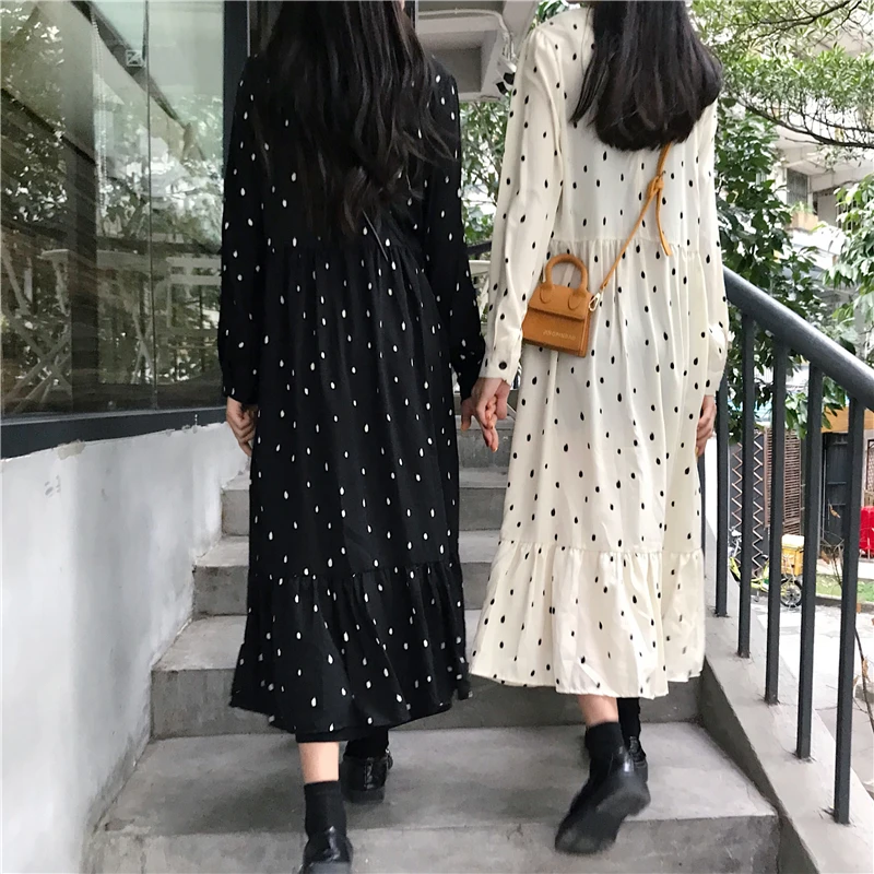 2022 Retro Dress 4XL 3XL Women Long Sleeve Casual Cute Sweet Preppy Style Girls Ladies Vintage Loose Long Ruffled Dot Dress 6312